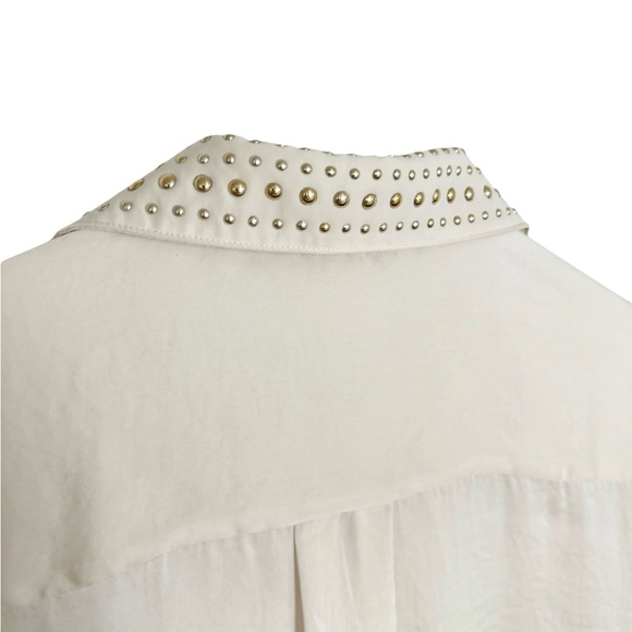 T TAHARI STUDDED LONG SLEEVED BUTTON DOWN CREAM SHIRT BLOUSE SZ L - Picture 4 of 5